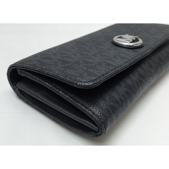 Michael Kors Black Leather MK Printed Round Logo Credit Card Bifold Wallet - Picture 15 of 16